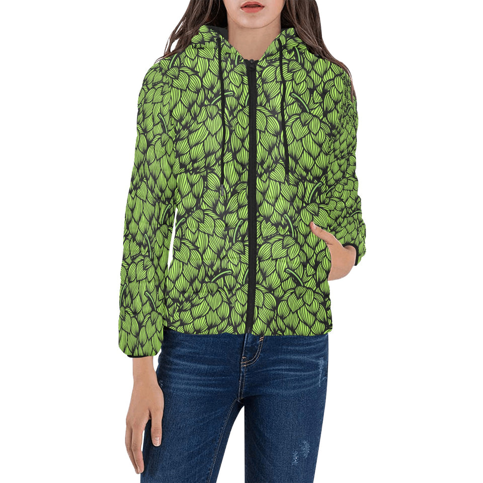 Green hop pattern Women's Padded Hooded Jacket