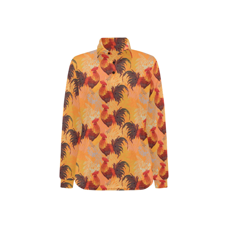 red rooster chicken cock pattern Women's Long Sleeve Polo Shirt