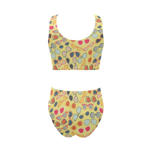 Sun Glasses Pattern Print Design 05 Chest Bowknot High Waisted Bikini Swimsuit