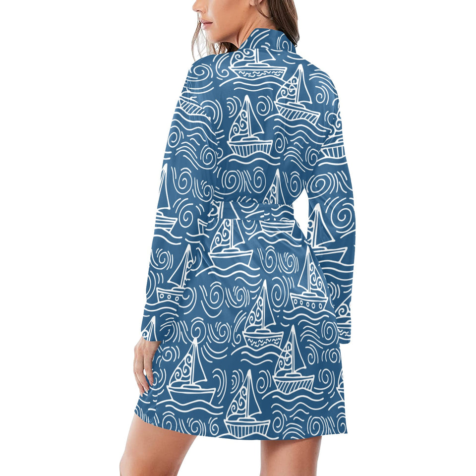 Hand drawn sailboat pattern Women's Long Sleeve Belted Night Robe