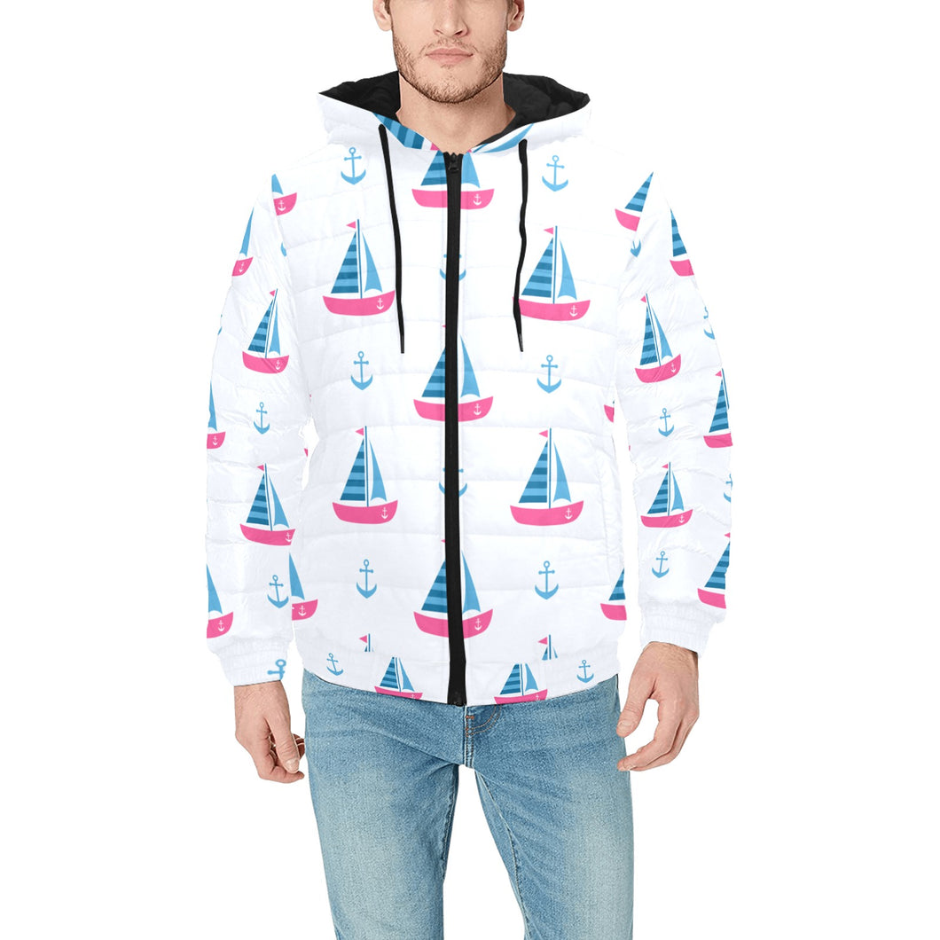 Sailboat anchor pattern Men's Padded Hooded Jacket