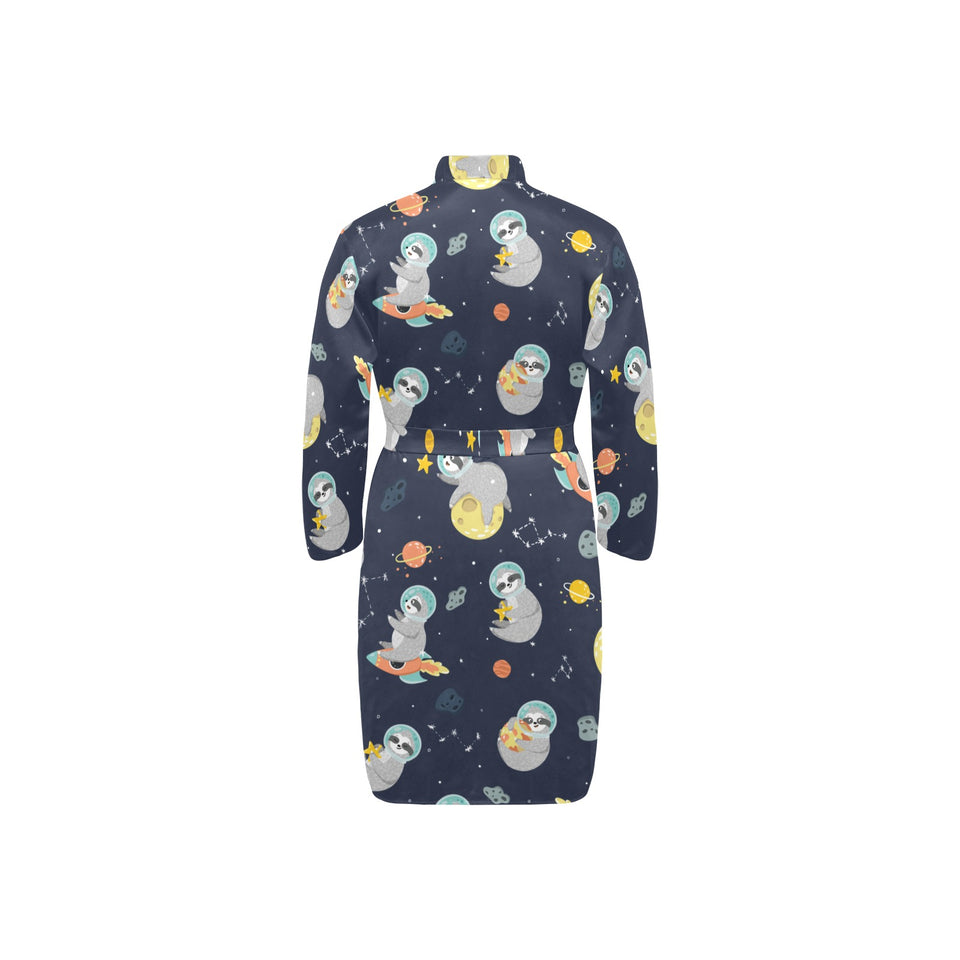 Cute sloth astronaut star planet rocket pattern Men's Long Sleeve Belted Night Robe