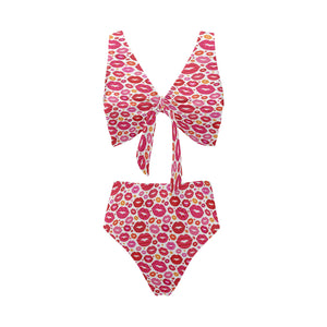 Lips Pattern Print Design 01 Chest Bowknot High Waisted Bikini Swimsuit