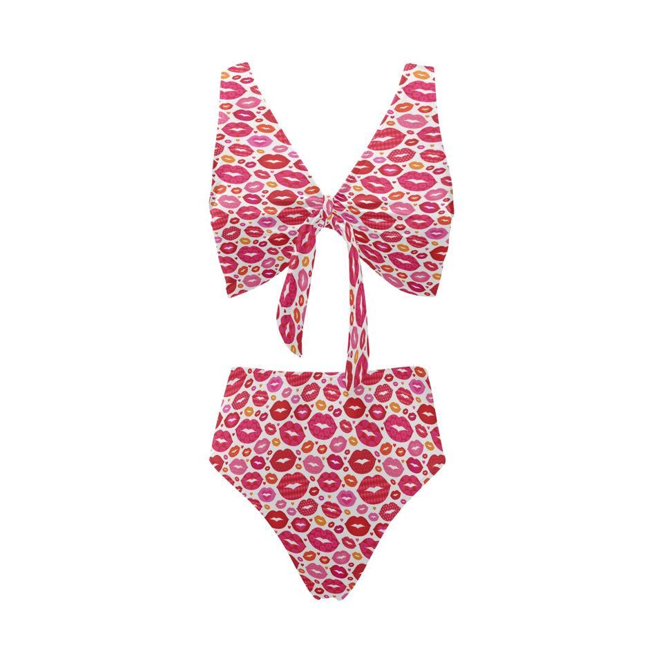 Lips Pattern Print Design 01 Chest Bowknot High Waisted Bikini Swimsuit