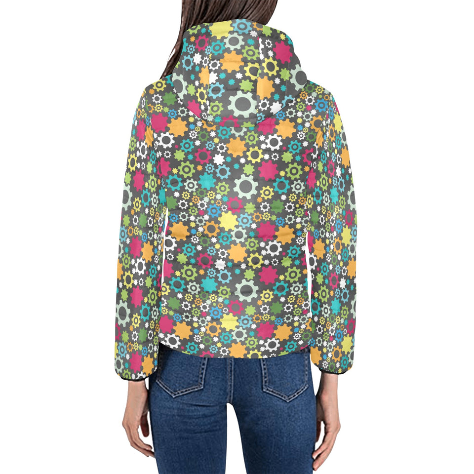 Gear Pattern Print Design 03 Women's Padded Hooded Jacket