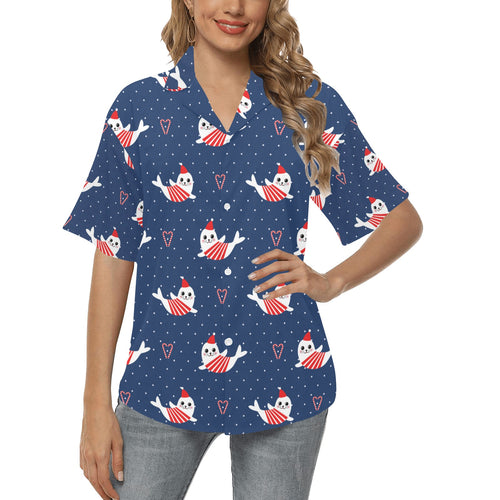 Cute sea lion seal christmas hat candy cane heart Women's All Over Print Hawaiian Shirt
