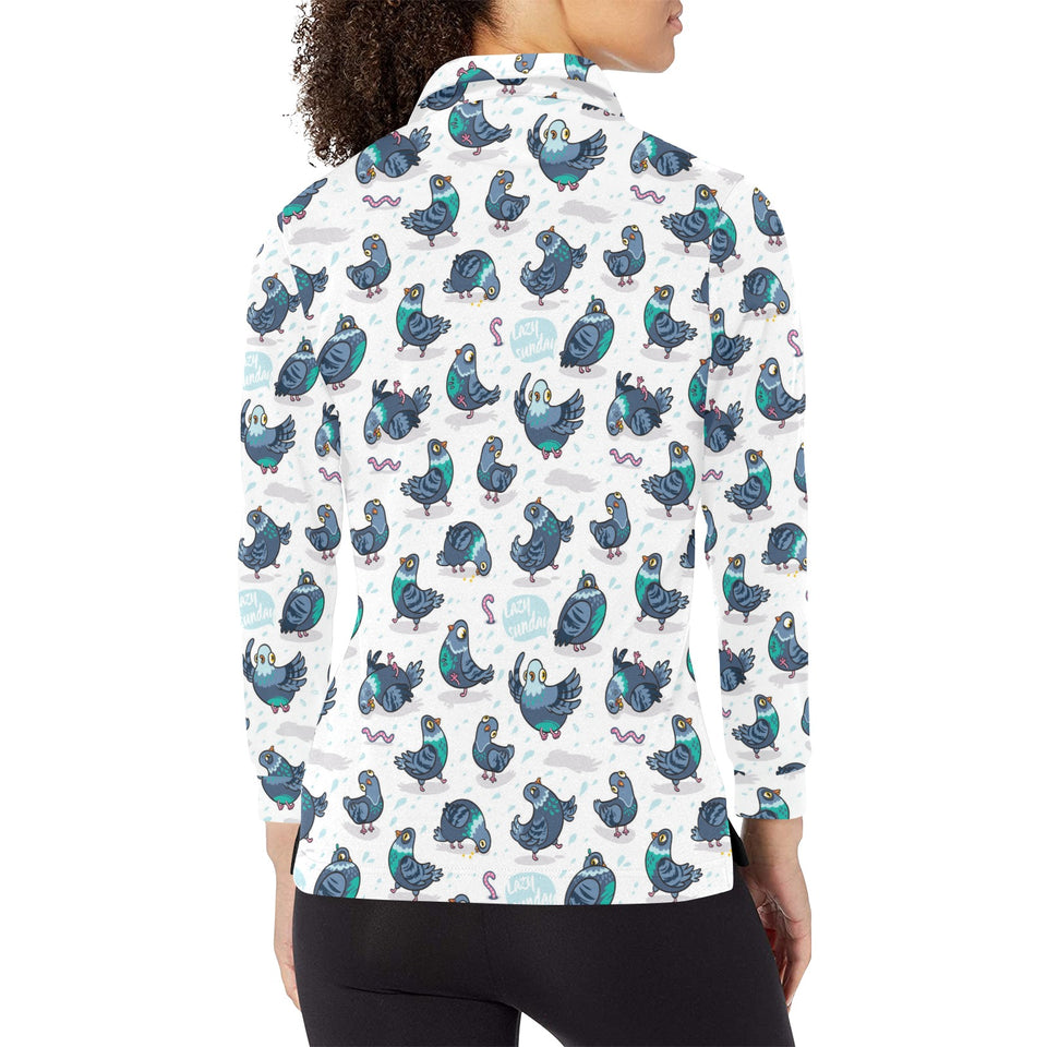 Pigeon Pattern Print Design 02 Women's Long Sleeve Polo Shirt