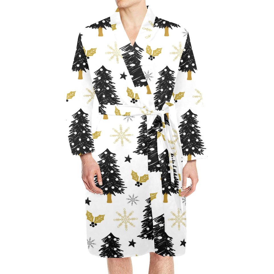 Christmas tree holly snow star pattern Men's Long Sleeve Belted Night Robe