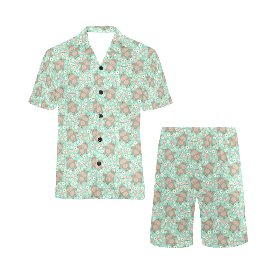 Hippopotamus Pattern Print Design 02 Men's V-Neck Short Pajama Set