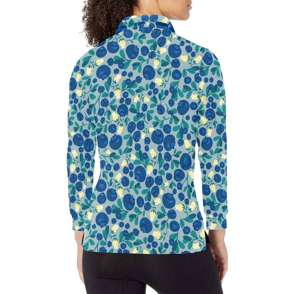 blueberry design pattern Women's Long Sleeve Polo Shirt