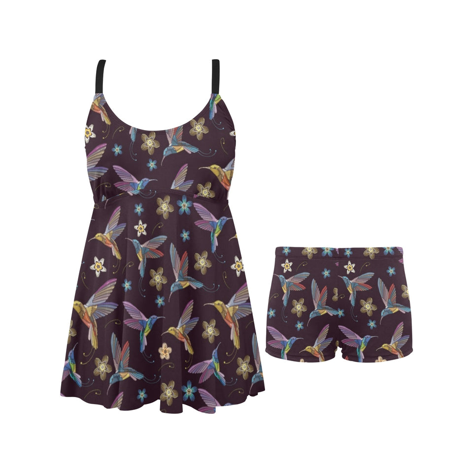 Hummingbird Pattern Print Design 04 Chest Sexy Pleated Two Piece Swim Dress