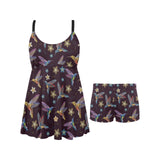 Hummingbird Pattern Print Design 04 Chest Sexy Pleated Two Piece Swim Dress