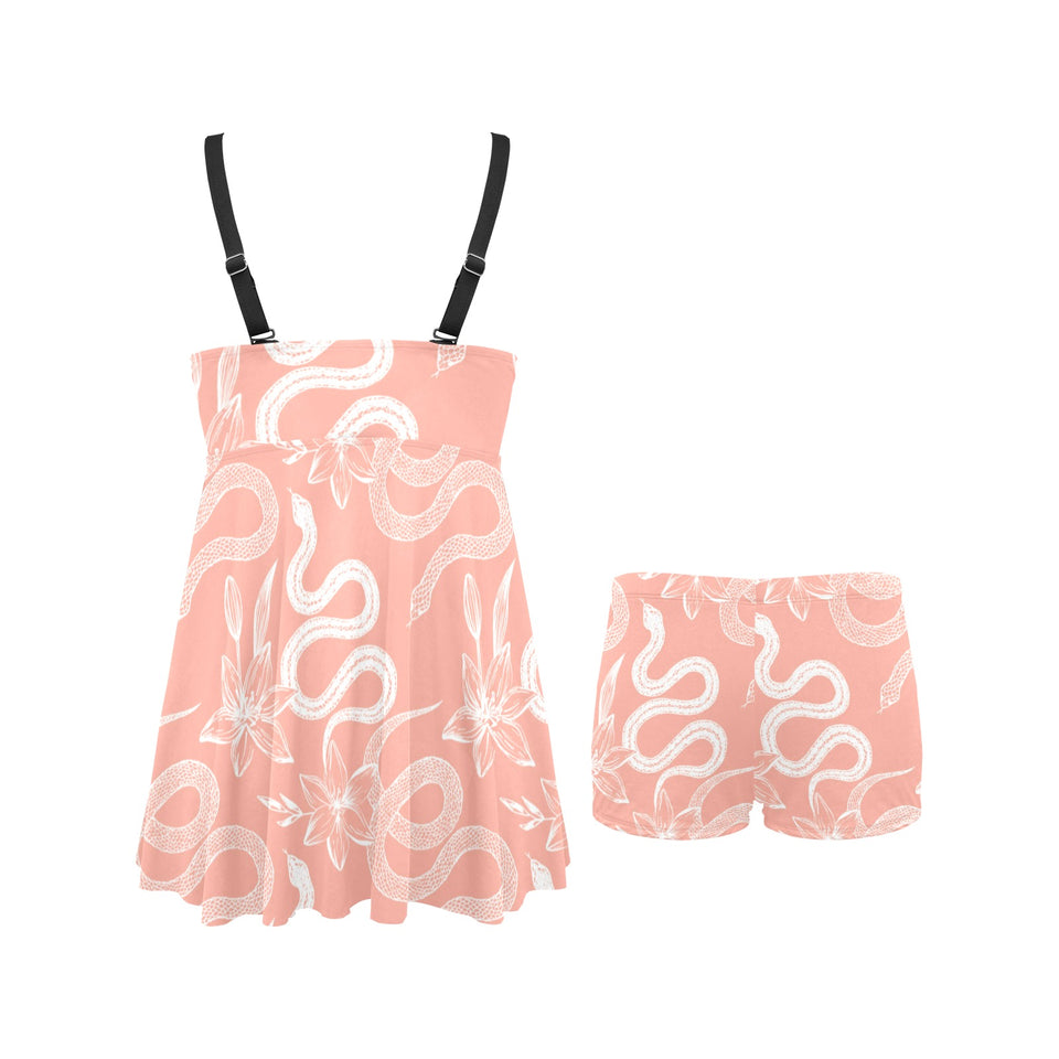 Snake lilies flower pattern Chest Sexy Pleated Two Piece Swim Dress