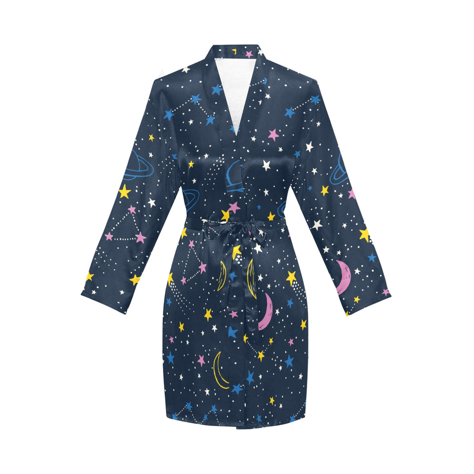 space pattern with planets, comets, constellations Women's Long Sleeve Belted Night Robe