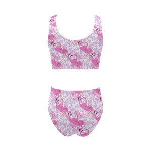 Pink flamingo flower pattern Chest Bowknot High Waisted Bikini Swimsuit