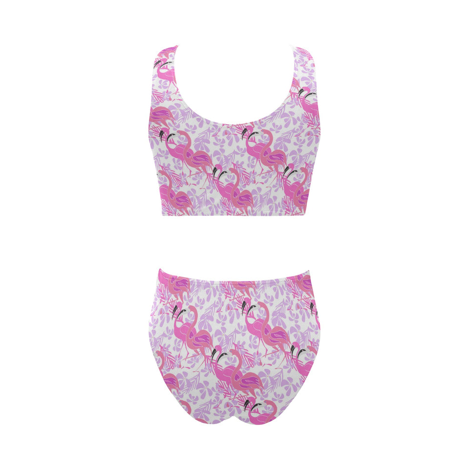 Pink flamingo flower pattern Chest Bowknot High Waisted Bikini Swimsuit
