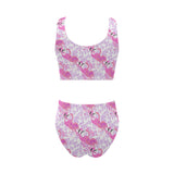 Pink flamingo flower pattern Chest Bowknot High Waisted Bikini Swimsuit