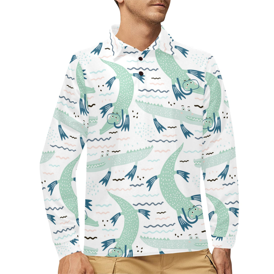 Crocodile diver pattern Men's Long Sleeve Polo Shirt