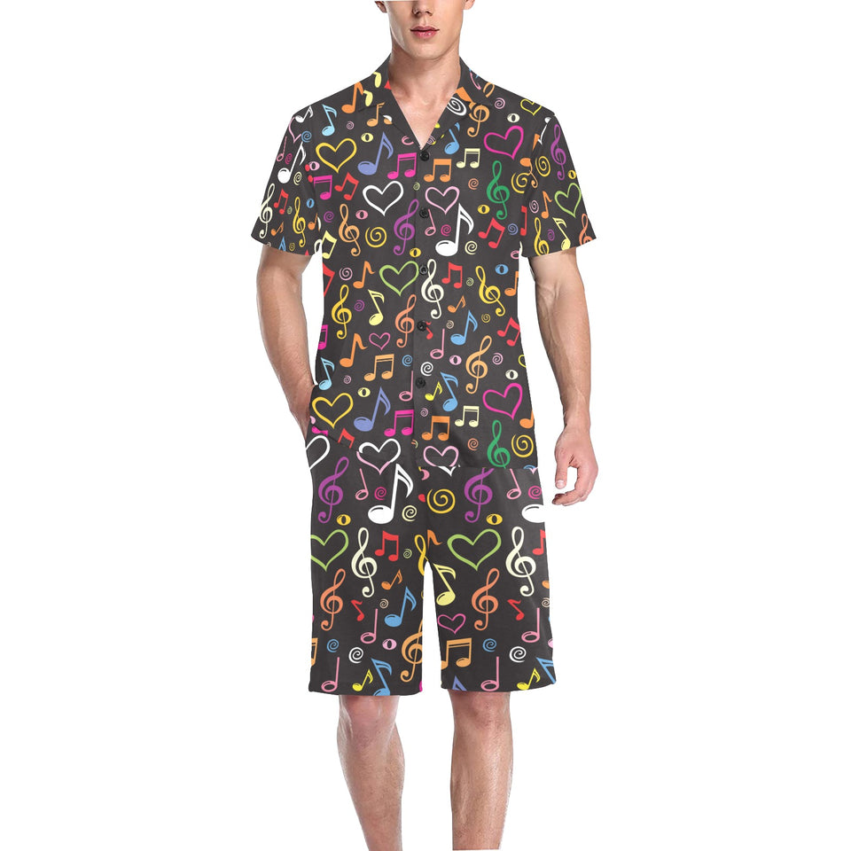 Music Notes Pattern Print Design 02 Men's V-Neck Short Pajama Set