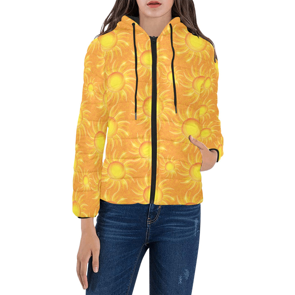 Sun orange background Women's Padded Hooded Jacket