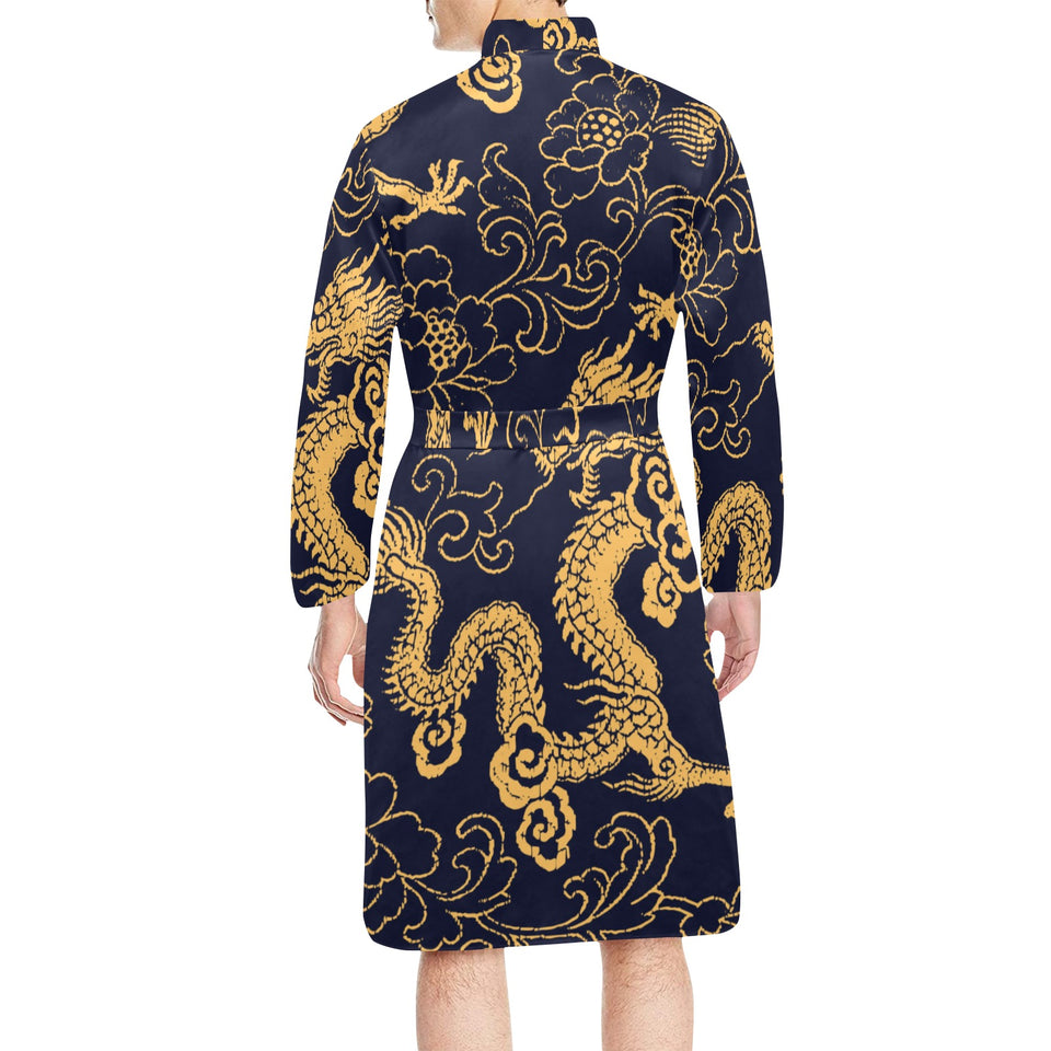 Gold dragon pattern Men's Long Sleeve Belted Night Robe