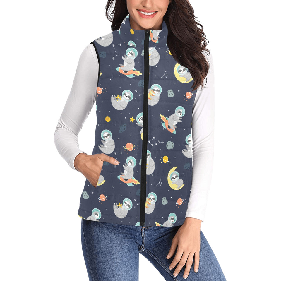 Cute sloth astronaut star planet rocket pattern Women's Padded Vest