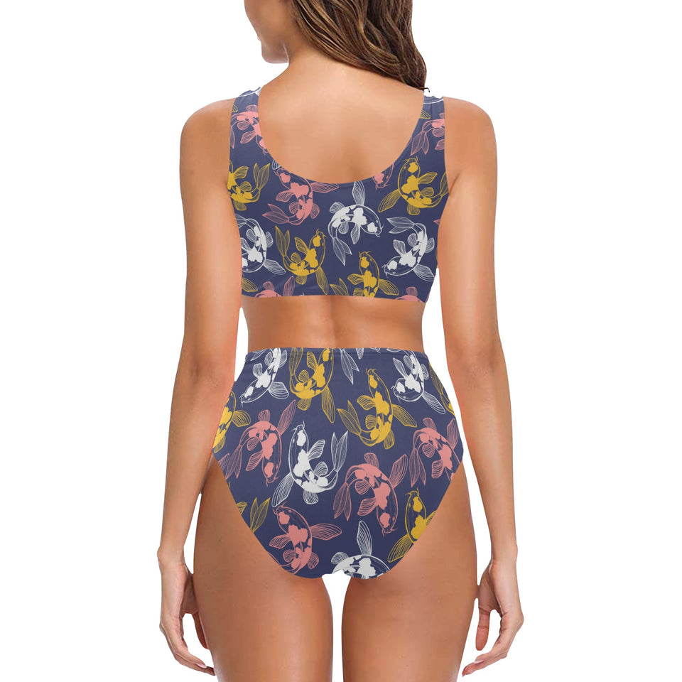 Koi Fish Carp Fish pattern Chest Bowknot High Waisted Bikini Swimsuit