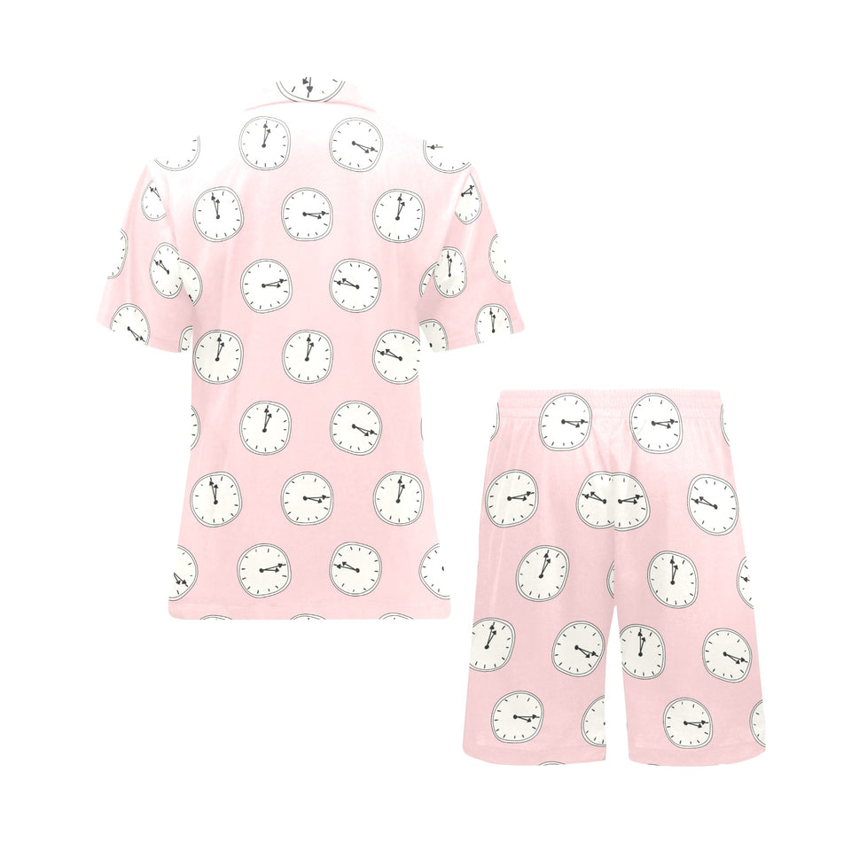 Clock pattern pink blackground Men's V-Neck Short Pajama Set