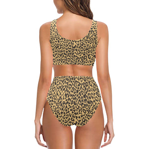 Leopard skin print Chest Bowknot High Waisted Bikini Swimsuit