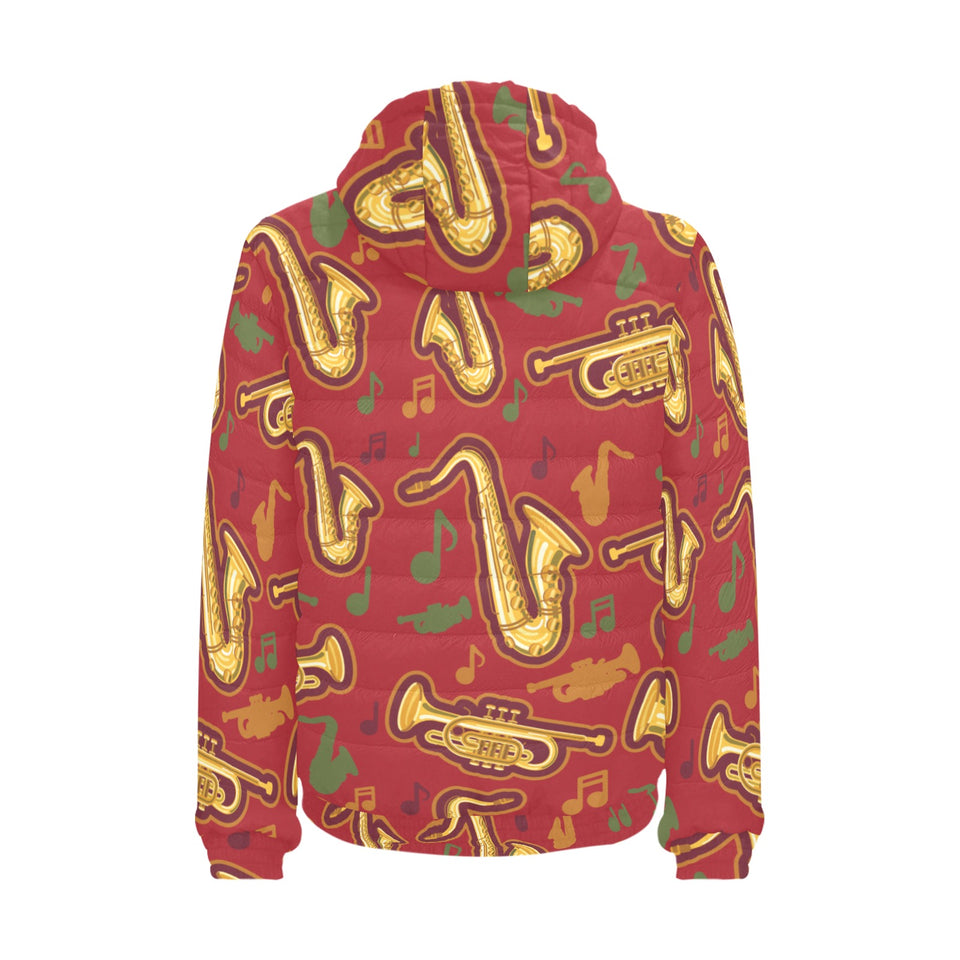 Saxophone cornet pattern red background Men's Padded Hooded Jacket