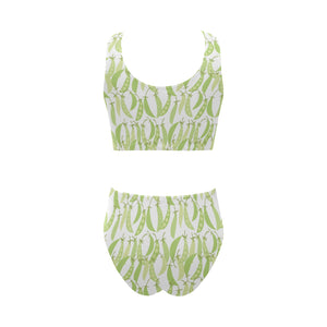 Green Peas Pattern Print Design 03 Chest Bowknot High Waisted Bikini Swimsuit