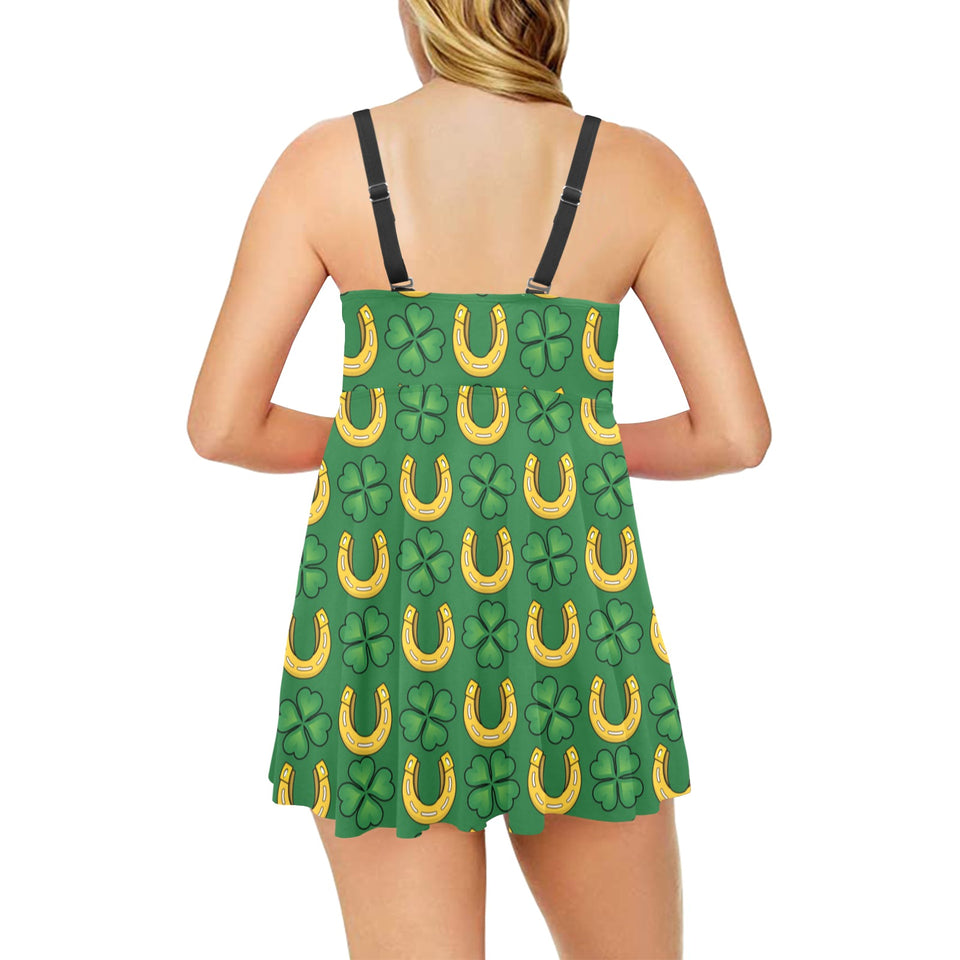 Horseshoes Pattern Print Design 05 Chest Sexy Pleated Two Piece Swim Dress