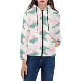Pink lotus waterlily leaves pattern Women's Padded Hooded Jacket