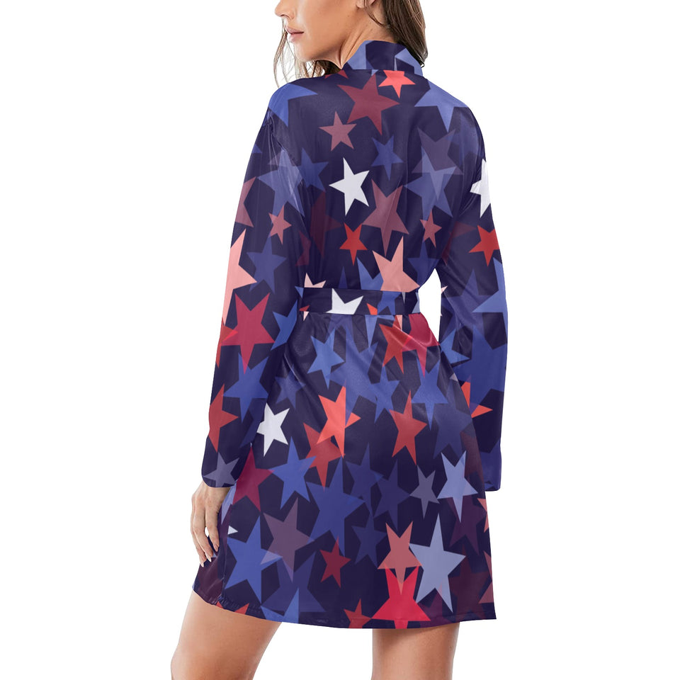 Red blue star pattern Women's Long Sleeve Belted Night Robe