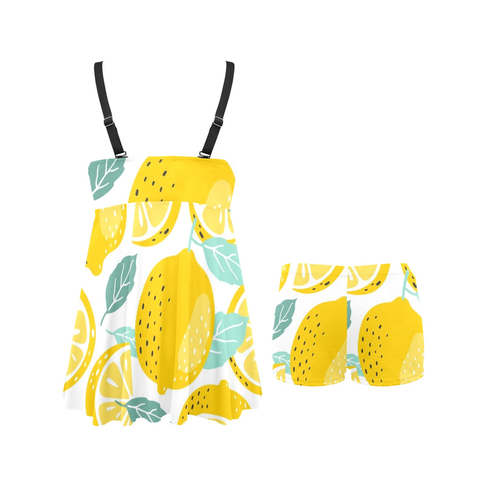 lemon design pattern Chest Sexy Pleated Two Piece Swim Dress