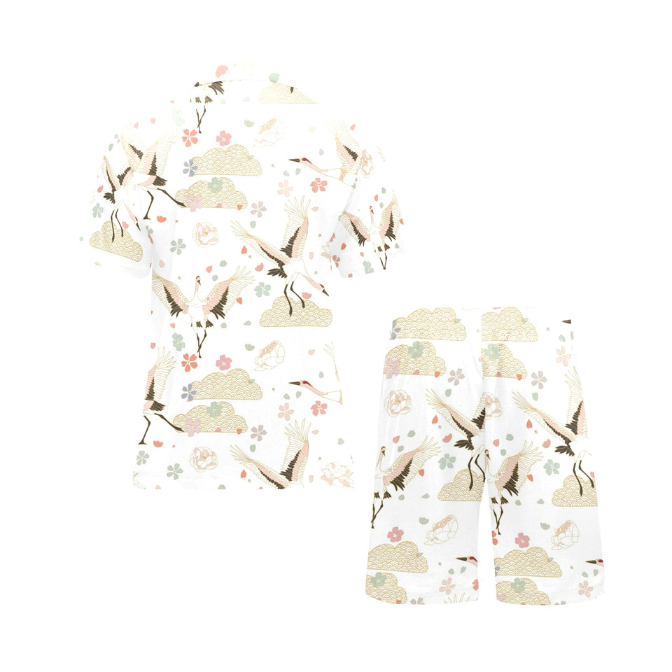 Beautiful Japanese cranes pattern Men's V-Neck Short Pajama Set