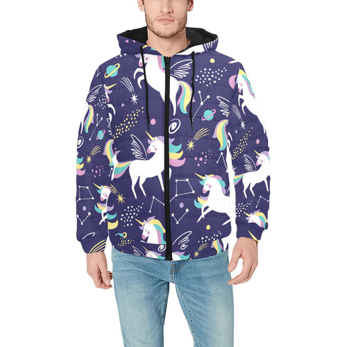 Hand drawn cute unicorn star planet Men's Padded Hooded Jacket