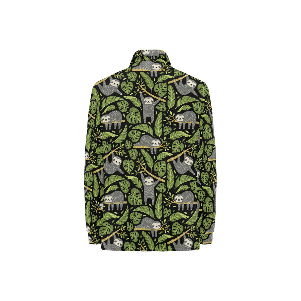 Cute sloths tropical palm leaves black background Women's Long Sleeve Polo Shirt