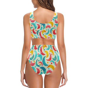 Colorful moon pattern Chest Bowknot High Waisted Bikini Swimsuit