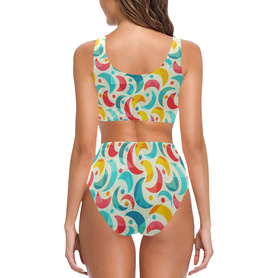 Colorful moon pattern Chest Bowknot High Waisted Bikini Swimsuit