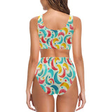 Colorful moon pattern Chest Bowknot High Waisted Bikini Swimsuit