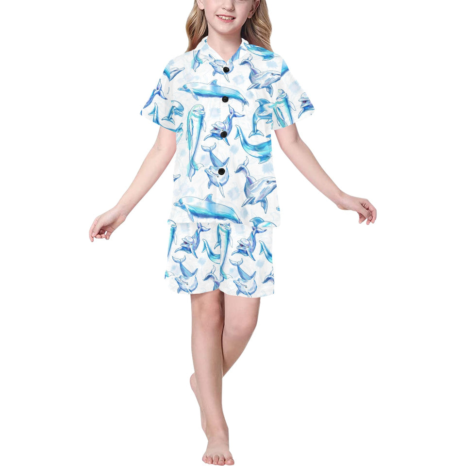 Watercolor dolphin pattern Kids' Boys' Girls' V-Neck Short Pajama Set