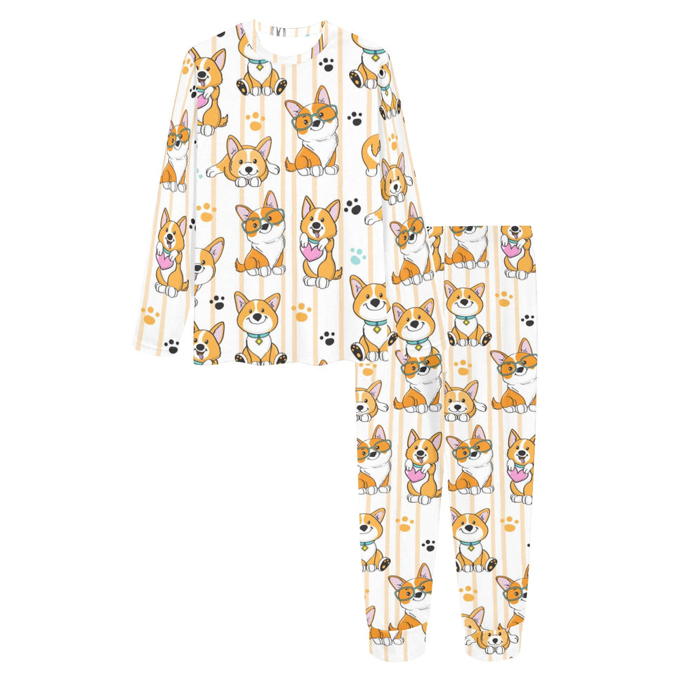Cute dog corgi striped background pattern Women's All Over Print Pajama Set