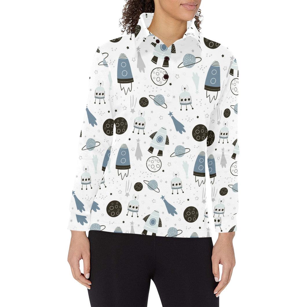 Hand drawn space elements space rocket star planet Women's Long Sleeve Polo Shirt
