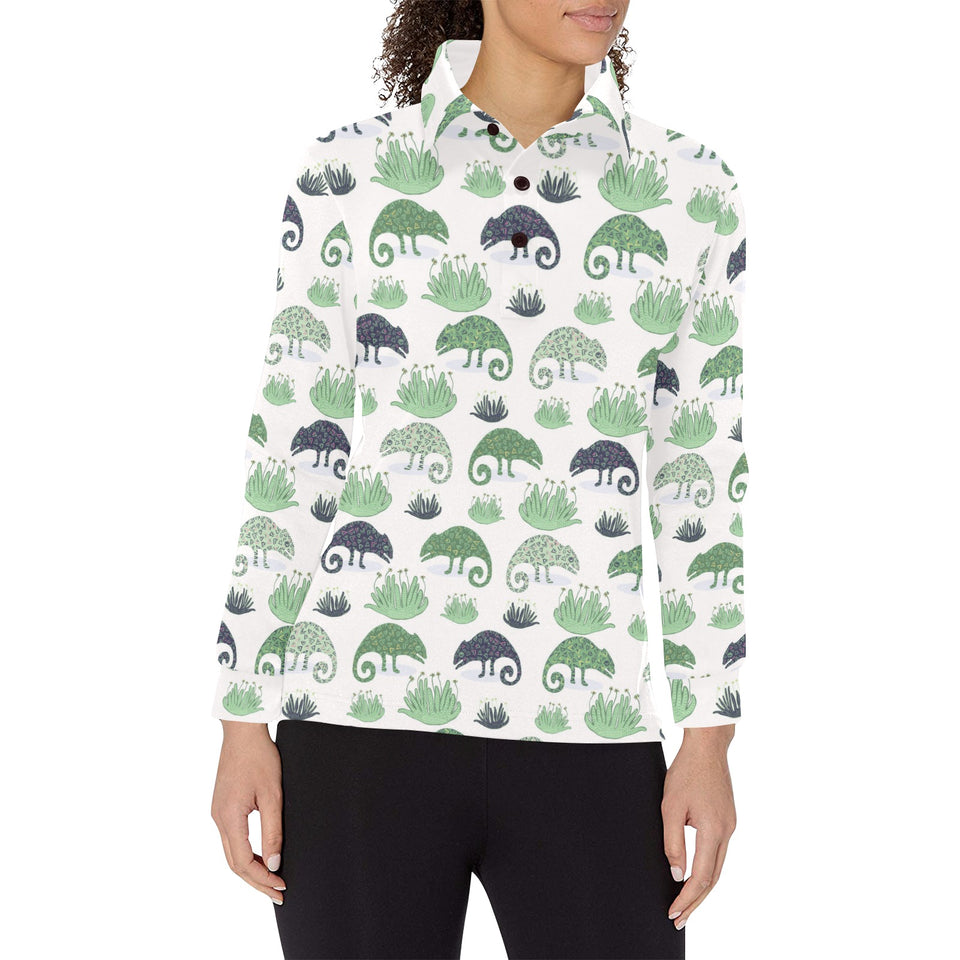 Chameleon lizard succulent plant pattern Women's Long Sleeve Polo Shirt