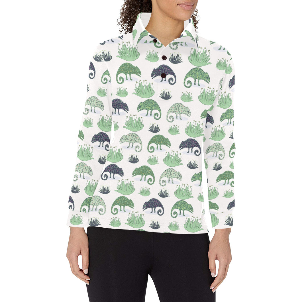 Chameleon lizard succulent plant pattern Women's Long Sleeve Polo Shirt