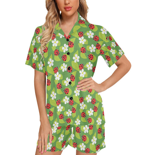 Ladybug Pattern Print Design 01 Women's V-Neck Short Pajama Set