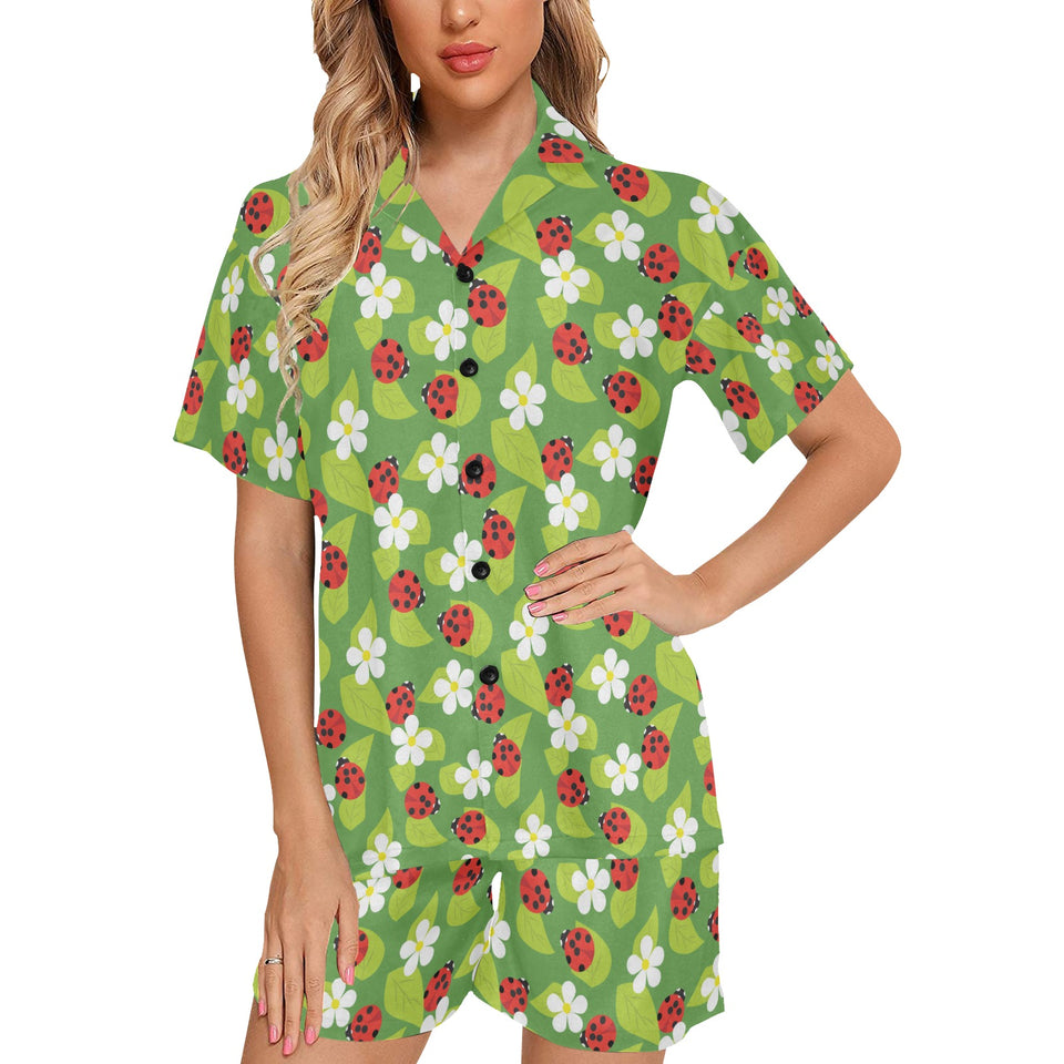 Ladybug Pattern Print Design 01 Women's V-Neck Short Pajama Set