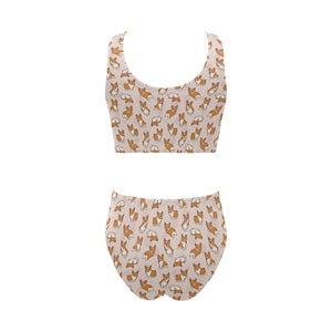 Cute Corgis Pattern pink background Chest Bowknot High Waisted Bikini Swimsuit