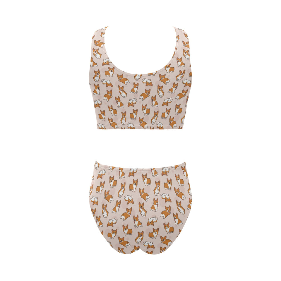 Cute Corgis Pattern pink background Chest Bowknot High Waisted Bikini Swimsuit